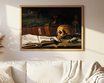 May include: A framed rectangular wall art print featuring a dark, moody still life painting. The composition includes a human skull, a stack of leather-bound books, an open antique book with visible text, a magnifying glass, and green foliage.