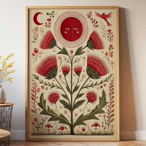 Floral Folk Art Print, Mond Sonne Distel Vogel Poster, Boho Wandkunst