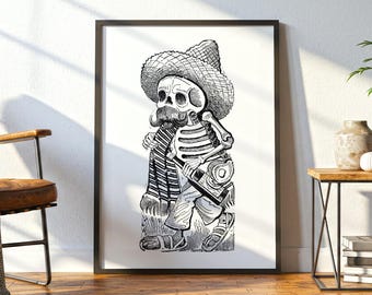 メキシコの骸骨の壁掛けアート：ホセ・グアダルーペによるフォークアートプリント、ヴィンテージゴシックポスター