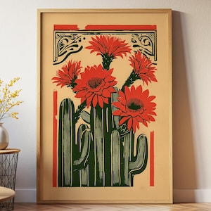 Estampado de flores de cactus: Arte en madera del desierto mexicano, decoración de pared del suroeste