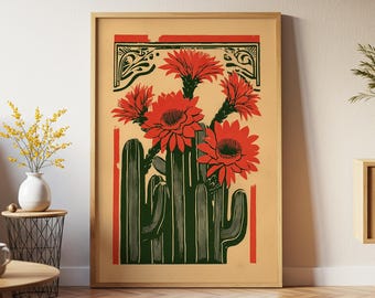 Cactus Flowers Print: Mexican Desert Woodblock Art, Southwestern Wall Decor