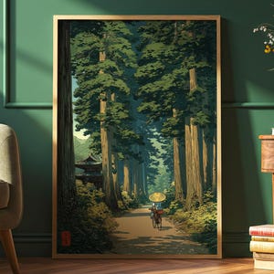 Japanese-inspired art print of an elderly lady cycling through a lush green forest, traditional style poster with calming nature tones, shown framed and displayed in a green room