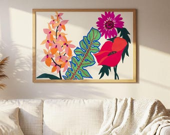 May include: A framed wall art print featuring a botanical illustration on a cream background. The artwork displays a cluster of orange and pink orchid-like flowers, a green fern leaf with red dots, a bright pink daisy, and a large red poppy flower.