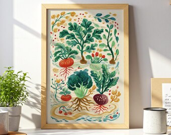 May include: A framed art print depicting a colourful illustration of various vegetables with visible roots. The artwork uses a vibrant palette of greens, reds, and yellows, with a light beige background. The print is displayed in a light wood frame.
