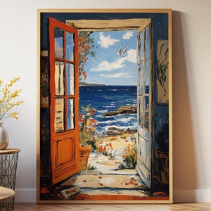 Puede incluir: Pintura enmarcada que representa una puerta abierta con vistas al mar. La puerta está pintada de naranja y la obra presenta un cielo azul, nubes blancas y una gaviota en vuelo. El paisaje marino es visible a través de la puerta.