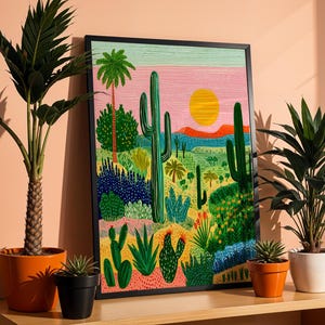 Bright Vibrant Mexican Desert Art Print: Colorful Latin Kitchen Wall Decor, Cactus & Desert Scene