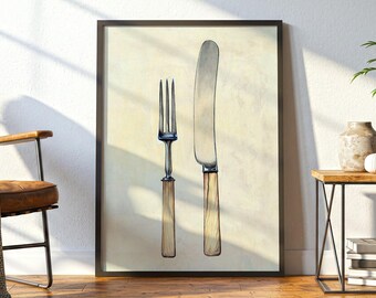 Knife and Fork Wall Art, Vintage Kitchen Utensil Print by Grace Halpin (ca.1936)