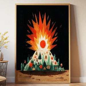 May include: A framed art print featuring a stylized illustration of a volcano erupting. The artwork depicts a fiery explosion in shades of orange and red against a black background, with a mountain base adorned with plants and flowers.