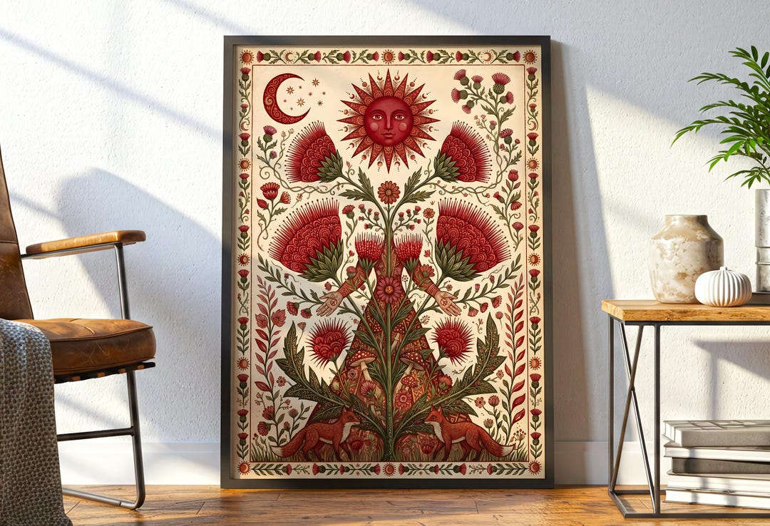 Floral Folk Art Print With Foxes: Mother Earth Boho Celestial Wall Art ...
