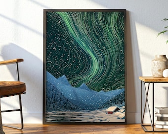 May include: A framed vertical wall art print depicting a night landscape with a vibrant green aurora borealis swirling above snow-covered mountains and a forest. A small cabin with a red wall sits in the foreground near a frozen lake.