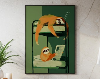 May include: A framed art print featuring two sloths. One sloth is sleeping on a bunk bed, while the other is reading a newspaper. The artwork uses shades of green and orange.