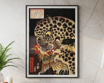 ヒョウの壁掛けアート：歌川広景作、ヴィンテージの日本の大型ネコ科動物ポスタープリント（1860年）
