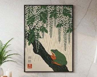 日本のカエルの壁掛けアート：ヴィンテージ植物画、ジャパンディ装飾