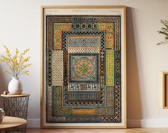 May include: Framed print featuring a detailed, colorful mosaic design with geometric patterns and a central circular motif. The artwork has a vintage aesthetic, with a wooden frame and the text "Pompeian No. 3" at the top. The color palette includes shades of green, orange, and black.