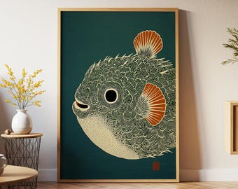Pufferfish Print: Japanese Style Ocean Green Sealife Poster
