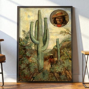 Puede incluir: Impresión vintage enmarcada que presenta un paisaje desértico con un gran cactus saguaro. Un retrato de un hombre nativo americano con sombrero está en la esquina superior derecha. Una persona camina por un sendero en el desierto.