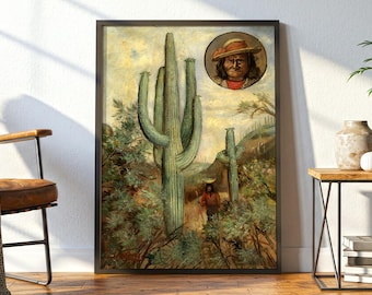 Cactus Wall Art: Vintage Southwestern Art Print with Portrait of Apache Leader Geronimo