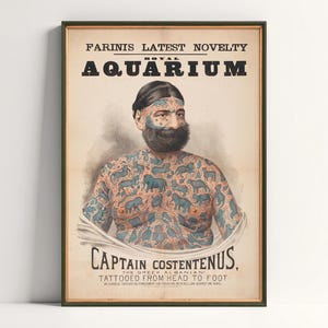 Quirky Tattooed Man Poster: Retro Freak Show Art - Eye-Catching Gift for Tattoo Devotees - Tattooed man print - freak show poster - circus