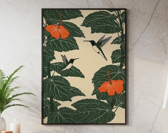 ハチドリのウォールアート、熱帯植物プリント、ヴィンテージジャングルバードデコレーション