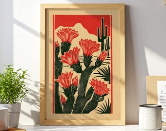 Cactus Flowers Print: Mexican Desert Woodblock Art, Southwestern Wall Decor