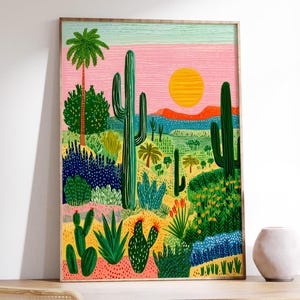 Bright Vibrant Mexican Desert Art Print, Colorful Latin Kitchen Wall Decor, Cactus & Desert Scene