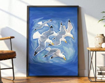 Vintage Seagull Wall Art, Coastal Bird Print, Mid Century Seaside Decor