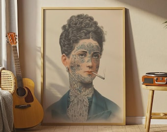 Póster vintage de mujer tatuada: Mujer con cigarrillo, arte de pared, decoración retro de tatuajes, impresión de la década de 1920
