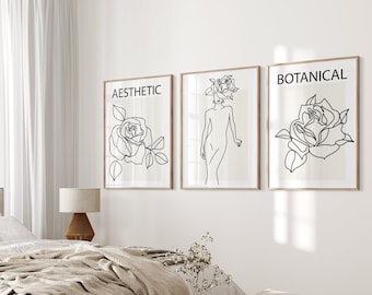 Minimalist Modern Bedroom Living Room Wall Decor, Neutral Wall Art Prints, Botanical And Woman Line Art, Set of 3 Beige Plant Prints,