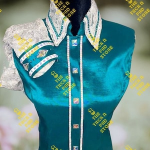 Teal Base Satin with Sheer Sleeves Western Rodeo Rail Shirt