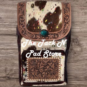 Western Boho Travel Tooled Leather Rainbow Sparkle Cowhide Laptop Backpack with Rawhide Buckstitching & Turquoise Concho Stone