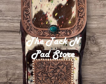 Western Boho Travel Tooled Leather Rainbow Sparkle koeienhuid laptoprugzak met ongelooide huid doorstikken en turquoise conchosteen