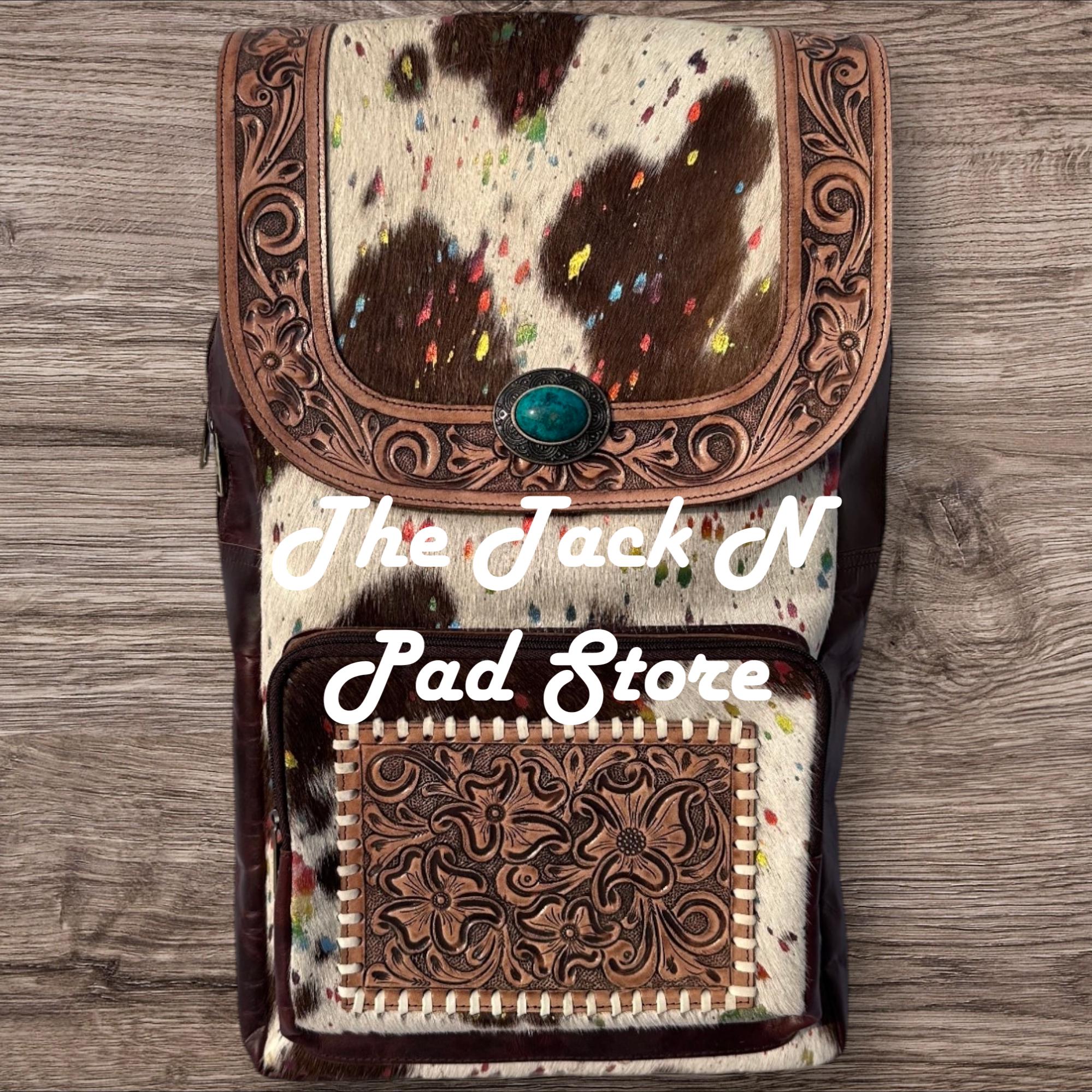 Turquoise Speckled Cowhide Backpack | Western Boho Boutique Bag Natural Cowhide Rucksack Backpack Hand Tooled Leather Floral  main image 3