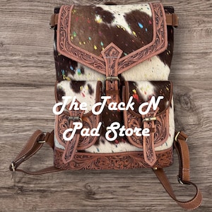 Western Boho Travel Tooled Leren Regenboog Sparkle Koeienhuid Rugzak
