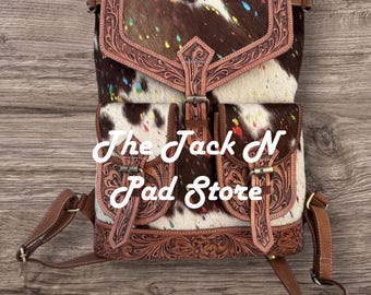 Western Boho Travel Tooled Leather Rainbow Sparkle Cowhide Backpack