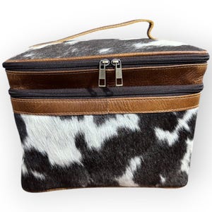 Fait main en cuir de vachette double compartiment maquillage/ vanity/cosmétiques, trousse de toilette personnalisée kit de rasage cuir véritable cow-girl/garçon western