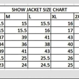 May include: A size chart for a jacket, showing measurements in inches for collar, shoulder width, bust, waist, hip, sleeve length, and back body length. Sizes range from 2XS to 6XL.