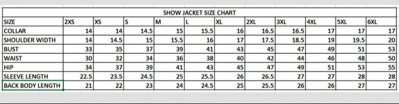 May include: A size chart for a jacket, showing measurements in inches for collar, shoulder width, bust, waist, hip, sleeve length, and back body length. Sizes range from 2XS to 6XL.