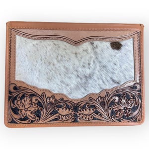 Portafolio de cuero de grano completo color canela, con pelo real sobre piel de vaca, hecho a mano, organizador de documentos legales, regalos occidentales para vaqueras y vaqueras.