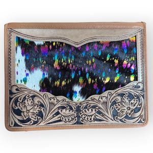 Tan Full Grain Leather Real Hair on Cowhide Hand Tooled Padfolio Portfolio Legal Document Organizer Western Gifts for Cowgirl Cowboy