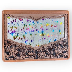 Portafolio de cuero de grano completo color canela, con pelo real sobre piel de vaca, hecho a mano, organizador de documentos legales, regalos occidentales para vaqueras y vaqueras.
