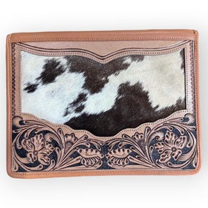 Portafolio de cuero de grano completo color canela, con pelo real sobre piel de vaca, hecho a mano, organizador de documentos legales, regalos occidentales para vaqueras y vaqueras.