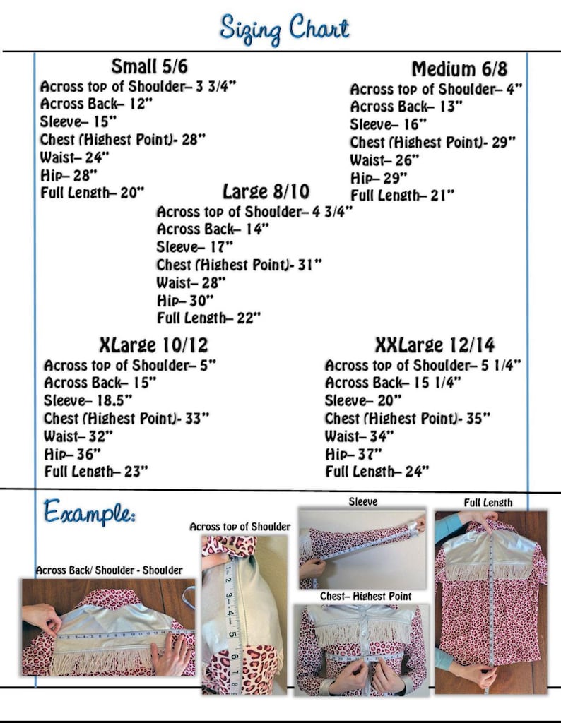 May include: A sizing chart detailing garment measurements for sizes Small 5/6 to XXLarge 12/14. Measurements are provided for shoulder width, back width, sleeve length, chest, waist, hip, and full length, with dimensions given in inches.