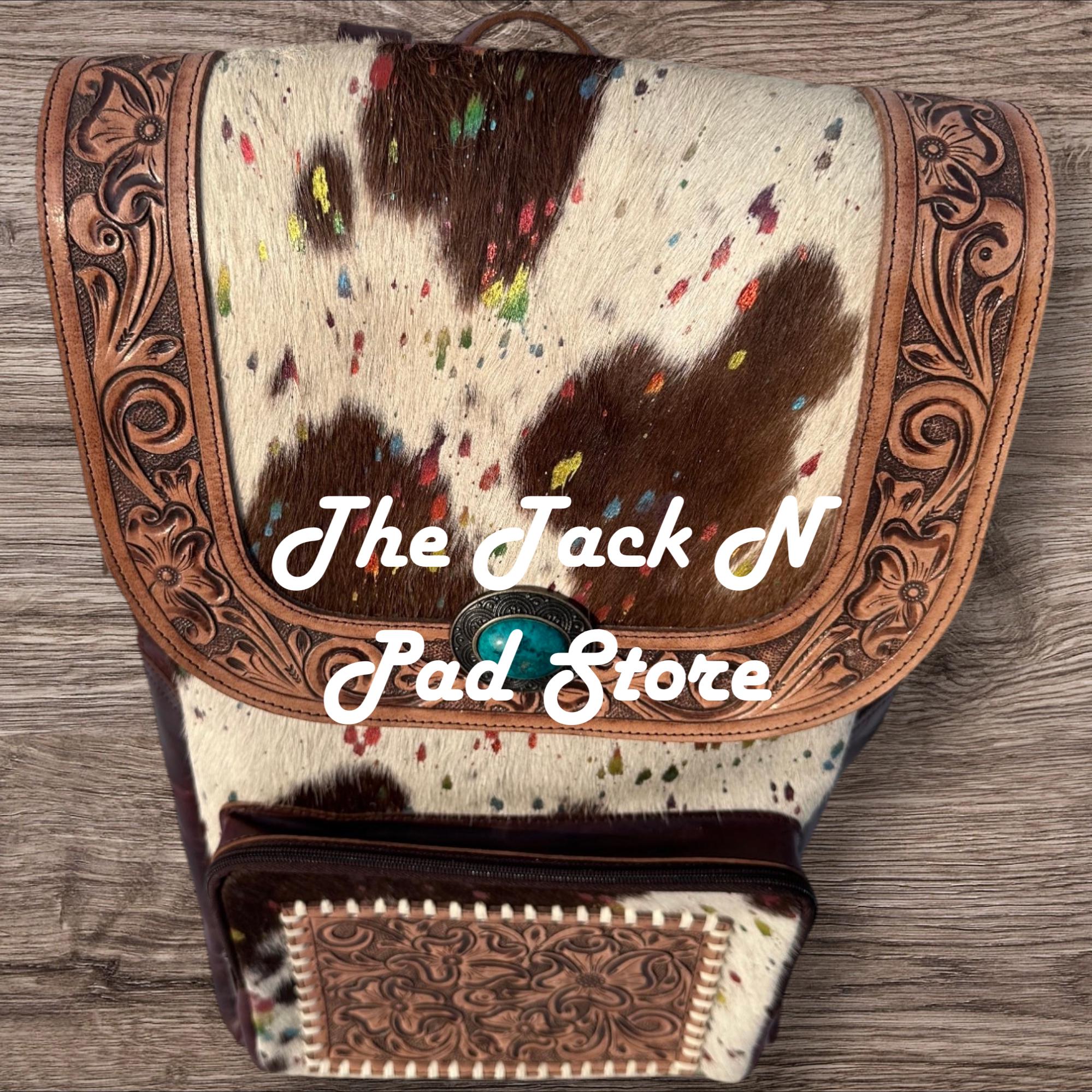 Cattle Boss Western Boho Backpack Cowhide Backpack Fringe Leopard Turquoise Western Boho Travel Tooled Leather Rainbow Sparkle Cowhide  main image 3