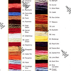 May include: A color chart of embroidery floss with a variety of colors, including slate blue, eve lilac, chestnut brown, red earth, periwinkle blue, fawn, espresso, sage green, garnet rose, chalk blue, laurel green, raspberry, sheepskin, indian tan, tangerine, aqua, fandango pink, pearl ice blue, malibu blue, plume, pistachio, charcoal, ash, starlight, orchid, silver rose, cadet, raw umber, tabasco, lark, buckskin, ivory, buttercup, royal lilac, tibetan red, sachet pink, lime blast, dark olive, pink carnation, forget me not, niagara, forest green, and coffee.