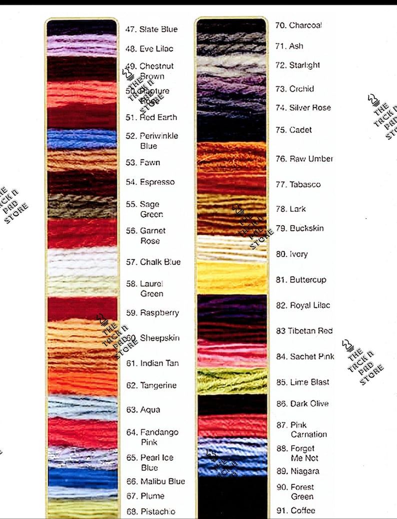 May include: A color chart of embroidery floss with a variety of colors, including slate blue, eve lilac, chestnut brown, red earth, periwinkle blue, fawn, espresso, sage green, garnet rose, chalk blue, laurel green, raspberry, sheepskin, indian tan, tangerine, aqua, fandango pink, pearl ice blue, malibu blue, plume, pistachio, charcoal, ash, starlight, orchid, silver rose, cadet, raw umber, tabasco, lark, buckskin, ivory, buttercup, royal lilac, tibetan red, sachet pink, lime blast, dark olive, pink carnation, forget me not, niagara, forest green, and coffee.