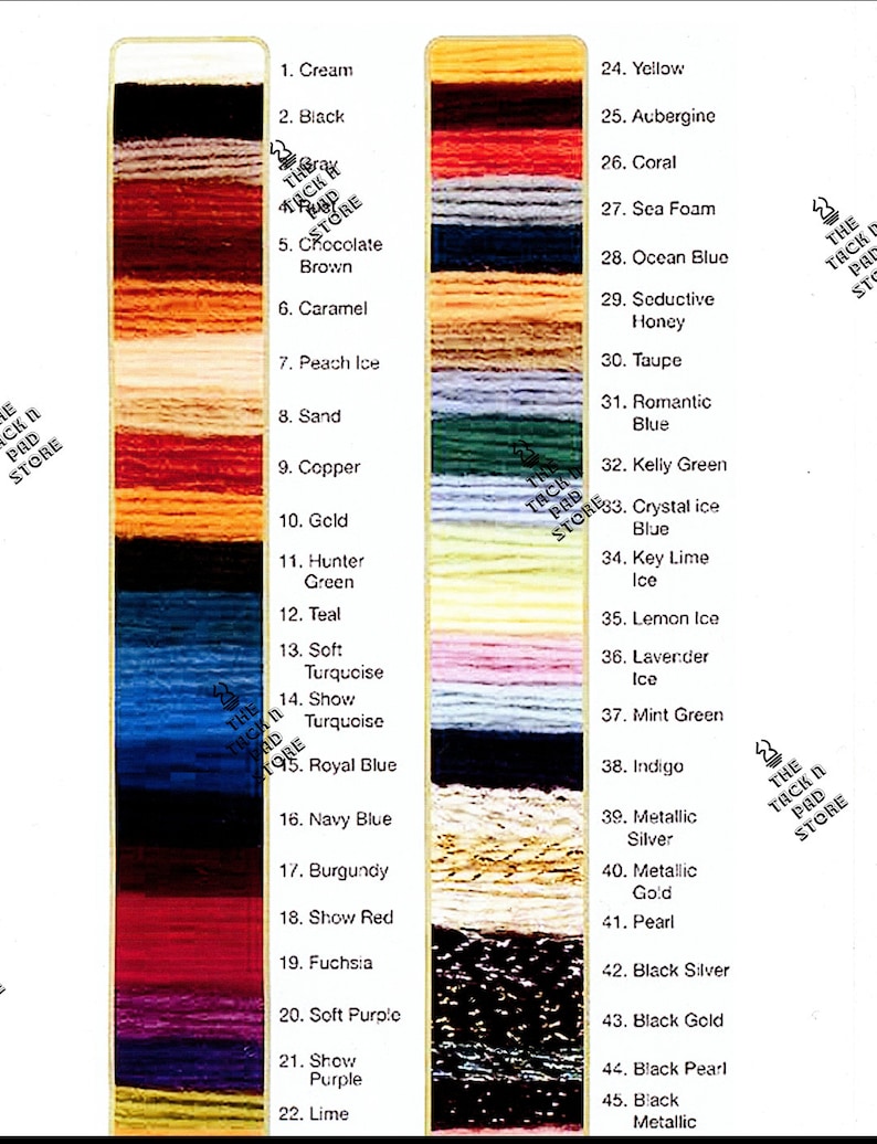 May include: A color chart with 45 different colors of embroidery floss. The colors are arranged in two columns, with the names of the colors listed next to each sample. The colors range from cream to black, with a variety of shades in between.