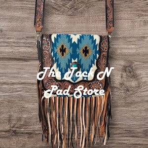 Western Genuine Leather Saddle Blanket Messenger Purse with Tooled floral details & Three Different Leather Fringes