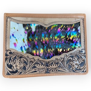 Tan Full Grain Leather Real Hair on Cowhide Hand Tooled Padfolio Portfolio Legal Document Organizer Western Gifts for Cowgirl Cowboy