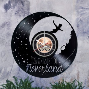 Peter Pan Wall Clock 12&quot;, Neverland Baby wall decoration, Made from vinyl record, birthday gift idea for music lovers, Halloween gift