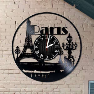 Made from real vinyl record, Romantic Wall clock 12&quot;, Paris mood, birthday gift idea for loved one, boyfriend girlfriend, home wall décor